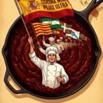 Ilustración de un cocinero que ondea la bandera de España sobre una sartén de sofrito, con banderas autonómicas y los ingredientes: ajo, pimiento verde, tomate, aceite, sal y pimienta