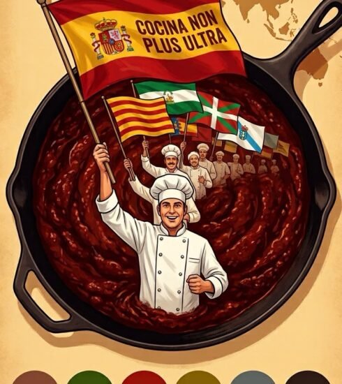 Ilustración de un cocinero que ondea la bandera de España sobre una sartén de sofrito, con banderas autonómicas y los ingredientes: ajo, pimiento verde, tomate, aceite, sal y pimienta