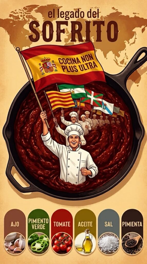 Ilustración de un cocinero que ondea la bandera de España sobre una sartén de sofrito, con banderas autonómicas y los ingredientes: ajo, pimiento verde, tomate, aceite, sal y pimienta