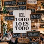 Cartel blanco con el título «El Todo lo es todo» rodeado de pizarras con palabras como servicio, cariño, calidad, producto, honestidad o ambiente, en un restaurante lleno, y al pie «and a simple twist of fate»
