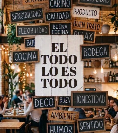 Cartel blanco con el título «El Todo lo es todo» rodeado de pizarras con palabras como servicio, cariño, calidad, producto, honestidad o ambiente, en un restaurante lleno, y al pie «and a simple twist of fate»
