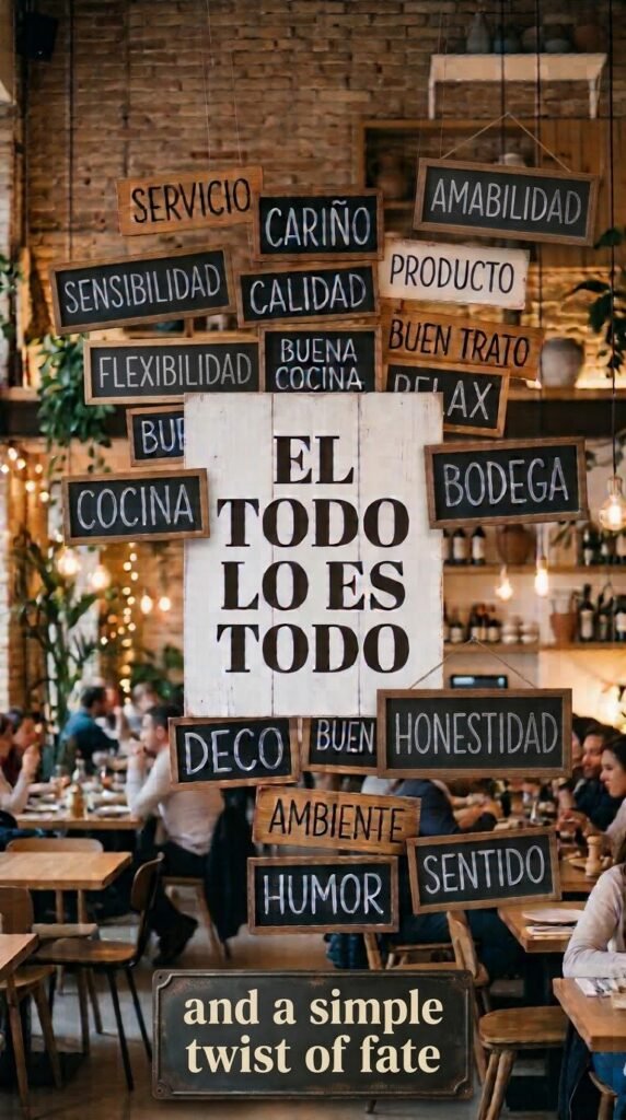 Cartel blanco con el título «El Todo lo es todo» rodeado de pizarras con palabras como servicio, cariño, calidad, producto, honestidad o ambiente, en un restaurante lleno, y al pie «and a simple twist of fate»