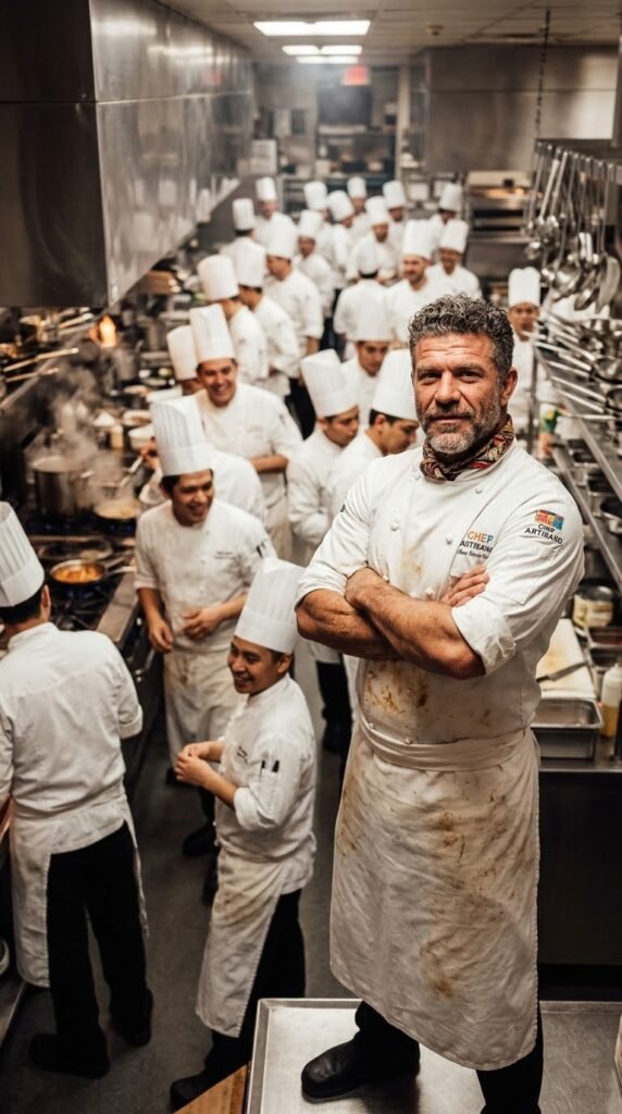 Cocinero maduro de barba gris, brazos cruzados y pañuelo al cuello, en primer plano frente a una cocina abarrotada de cocineros idénticos con gorro alto blanco